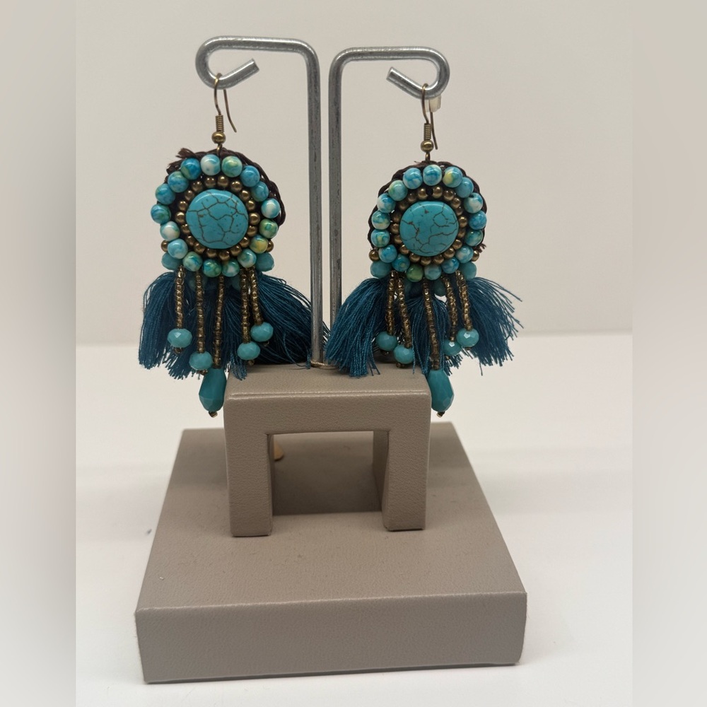 Turquoise Beaded Tassel Earrings